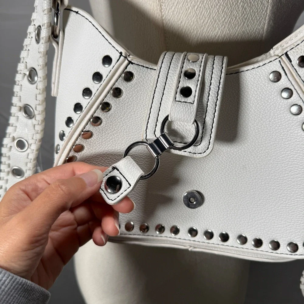 White Studded Shoulder Bag‎ Silver Studs Adjustable Strap Grunge purse